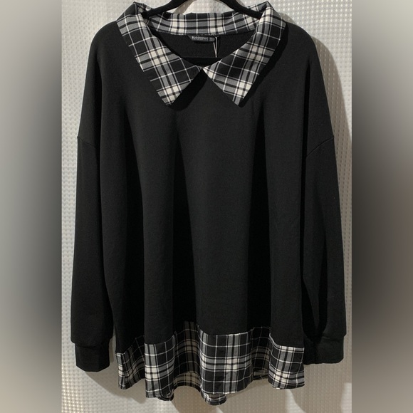 NWT 22/24 3X BloomChic Black & White Plaid Print Drop Shoulder 2-In-1 Sweatshirt - Picture 2 of 5